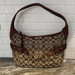 Vintage Coach Brown Canvas Shoulder Bag with Leather Trim and Brass Hardware